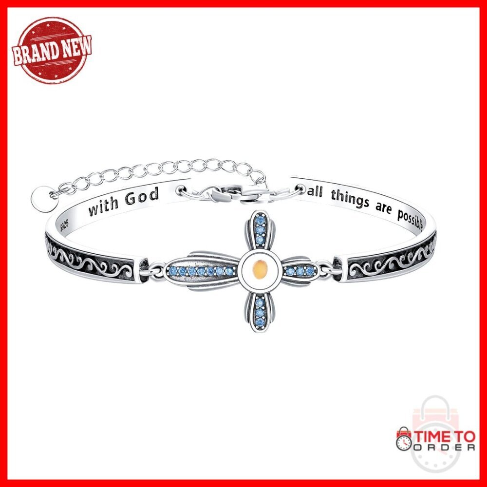 Sterling Silver Mustard Seed Cross Bangle Bracelet with 12 Birthstones